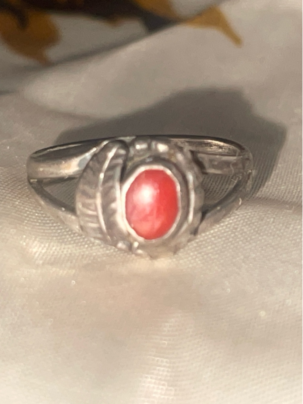 Sterling Silver Red Coral Oval Ring - Navajo feather design
